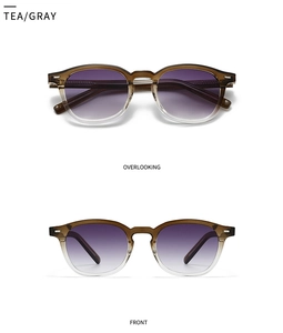 Retro gradient tea and gray sunglasses featuring metal rivets and purple lenses detail