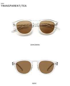 Detailed view of vintage tea sunglasses with engraved metal core visible in temples