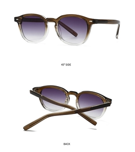 Detail of retro translucent brown sunglasses with purple gradient lenses and silver rivets