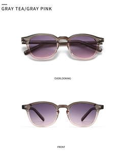 Gray tea sunglasses with pink gradient lenses shown in front and top view angles