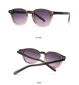 Detail view showing 45-degree side and back profiles of retro translucent sunglasses