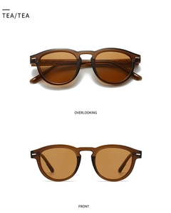 Detail of tea brown translucent sunglasses showing front and overlooking viewpoints