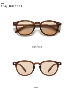 Detail view showing amber tea lenses and translucent frames from front and top angles
