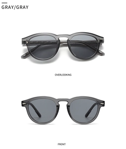 Gray retro round sunglasses with translucent frames and textured metal core detail