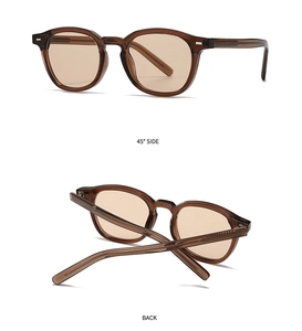 Detail view showing 45-degree side and folded back of brown transparent Boston sunglasses