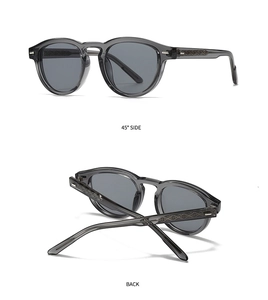 Detail of retro round sunglasses with 45-degree side view showing hinge and texture