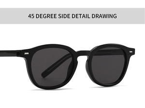 Macro side view of retro black acrylic sunglasses with silver metal rivets detail