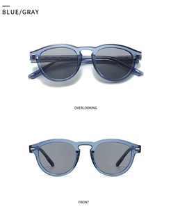 Front and top views of blue acetate sunglasses with gray lenses and metal accents