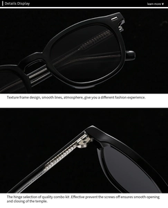 Macro shot of high-quality metal hinges and glossy black frame on these retro sunglasses