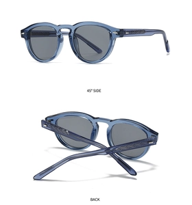 Detail view of blue translucent sunglasses showing the 45-degree side and back profile