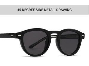 45 degree side detail drawing of black sunglasses with silver rivet accents
