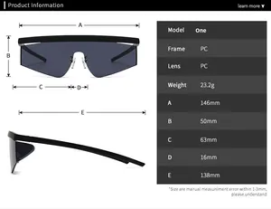 Sizing chart and technical specifications for classic pilot sunglasses with PC frame