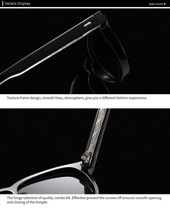Detail view of premium black eyewear frames showing intricate metal carving on the hinge