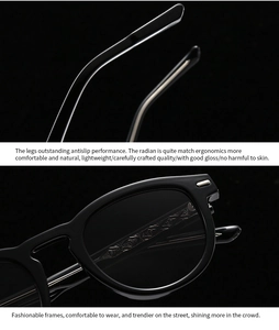 Detail of ergonomic non-slip black acetate sunglasses frame with metal accents