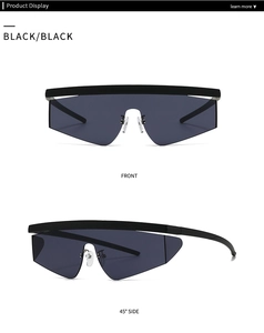Front and 45-degree side views of black rimless shield aviator sunglasses for men
