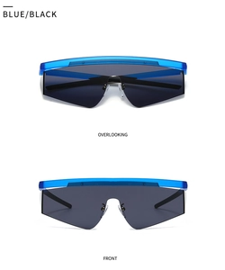 Front and overlooking views of blue geometric aviator sunglasses with smoke lenses