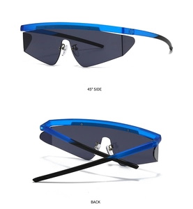 Detailed views of blue frame pilot sunglasses showing 45-degree side and back angles