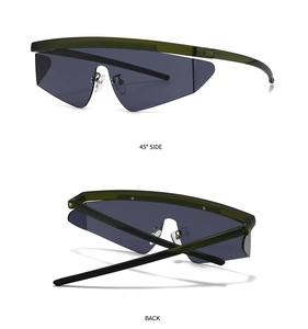 Detail view showing 45-degree side and back of futuristic pilot sunglasses with green frames