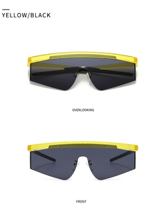 Front and top view of pilot sunglasses featuring yellow top bar and black frames