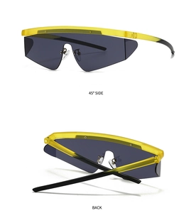 Detail view showing 45-degree side and back of aviator sunglasses with yellow frames