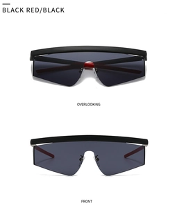 Front and top views of black matte aviator sunglasses with red temple tips and grey lenses