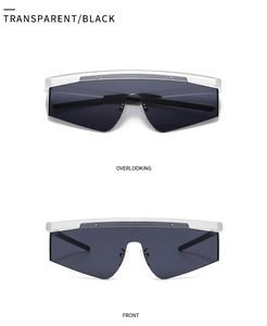 Detail view showing transparent black oversized aviator sunglasses from front and top angles