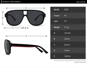 Detailed size chart for square frame sunglasses with model specifications and dimensions