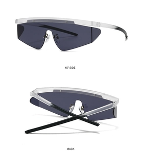 Detailed views of futuristic aviator sunglasses showing 45-degree side and back folding
