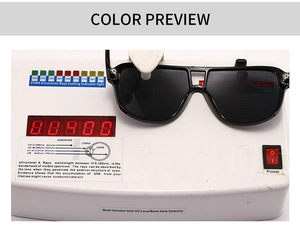 Detail showing UV400 protection test for square polarized sunglasses with LED screen