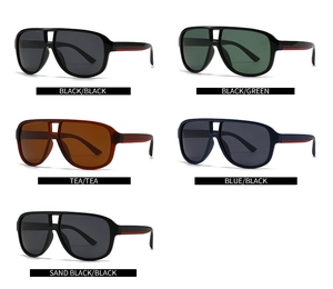 Five pairs of square polarized sunglasses with red striped temples in various colors