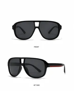 Front and side macro view of black square polarized sunglasses with red temple detail