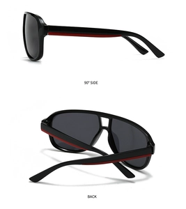 Detail view of rectangular polarized sunglasses with red side stripes and dual bridge