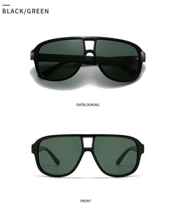 Macro view of black pilot square frame sunglasses with dark green polarized lenses