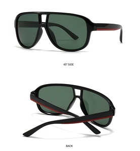 Detail view of square polarized sunglasses with sleek black frame and red side stripes