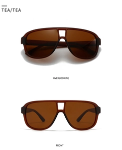 Detailed top and front view of square tea-tinted polarized sunglasses with double bridge