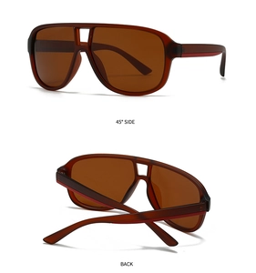 Detail view of square pilot sunglasses with amber frames and red stripe on temples