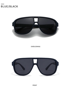 Dual view of matte navy blue polarized square pilot sunglasses with grey lenses