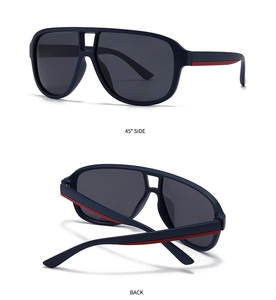 Close-up of navy square sunglasses with red stripe detail on the side temples