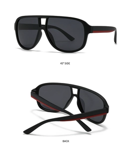 Detail view of matte black square sunglasses with iconic red stripe on the temple