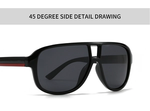 Detailed 45-degree side view of modern square polarized sunglasses with red accents