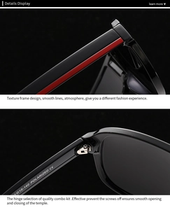 Detailed macro view of square polarized sunglasses featuring red stripes and hinge construction