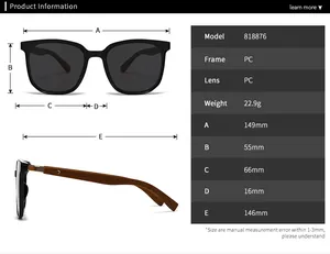 Detailed size chart for polarized round sunglasses showing lens and frame dimensions