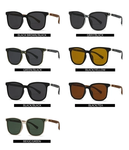 Detailed grid of polarized round sunglasses with wood grain temples in various colorways