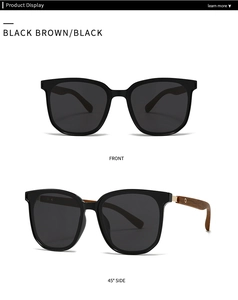 Front and 45-degree side view of round black polarized sunglasses with wood grain temples