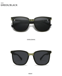 Detail view of round green polarized sunglasses from front and top perspectives