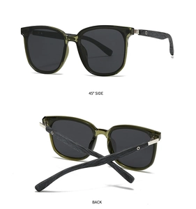 Polarized sunglasses featuring dark green frames and wood grain textured temples in detail
