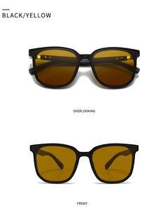 Detail view of round polarize sunglasses with black frame and yellow tinted lenses