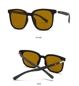 Detailed views of classic round frame sunglasses with wood grain temples and metal accents