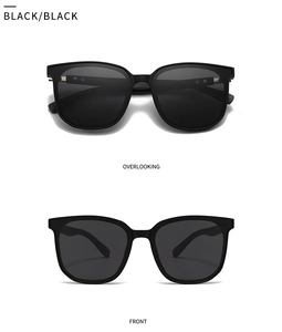 Front and top views of round polarized black sunglasses with matte frames