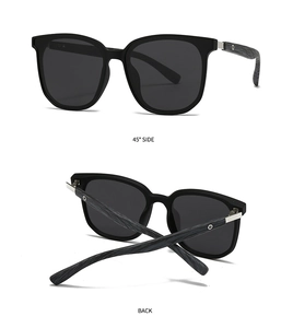 Polarized sunglasses with black frames and wooden texture temples seen from side and back